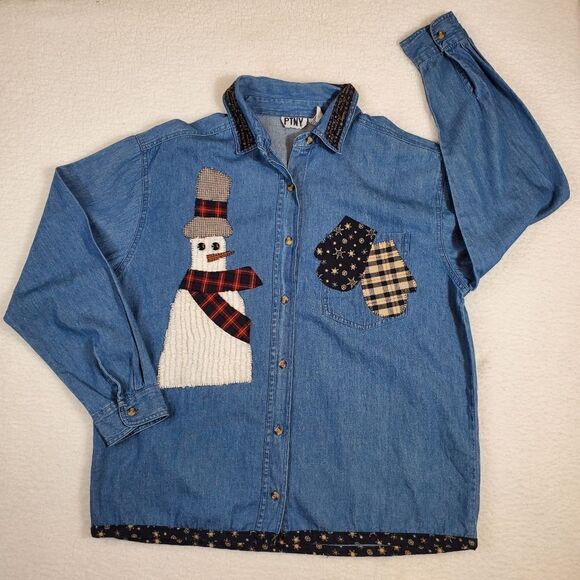 PTNY Vintage Denim Christmas Snowman Shirt Size Medium - Picture 11 of 11